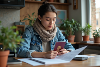 Jeune femme regarde son passeport et documents de voyage