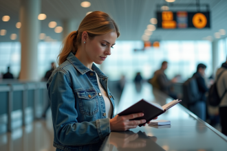 Femme examinant son passeport à l'aéroport