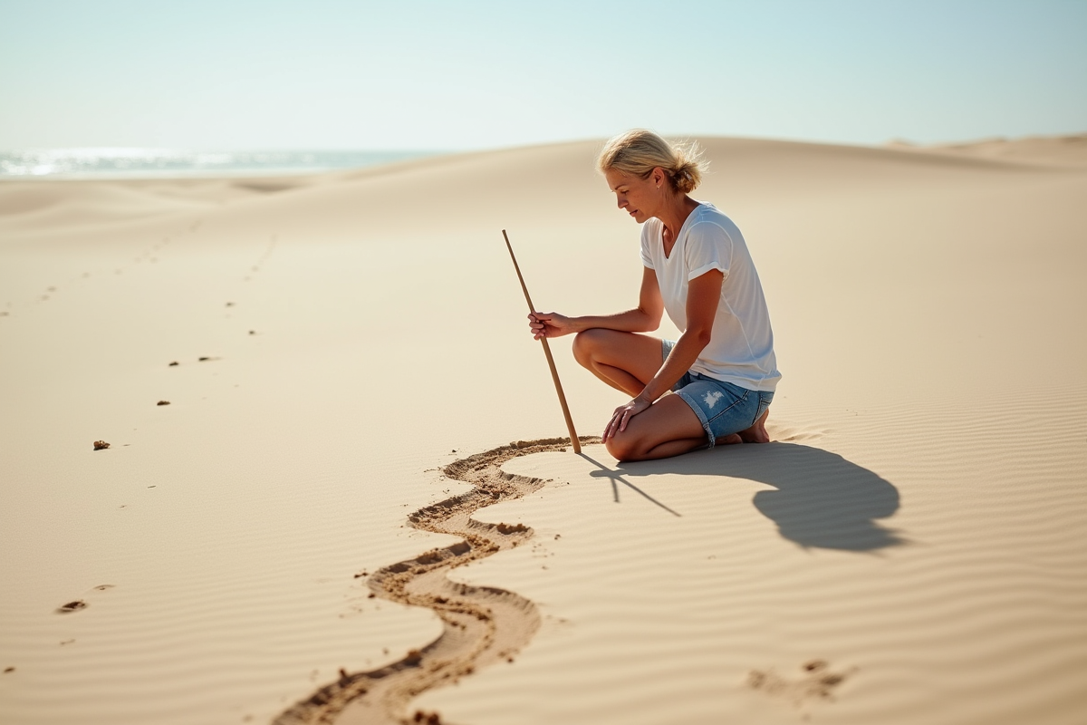 Femme d'âge moyen dessinant un chemin dans le sable sur la plage