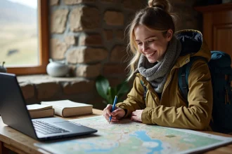 Jeune femme en randonnée dans un cottage écossais