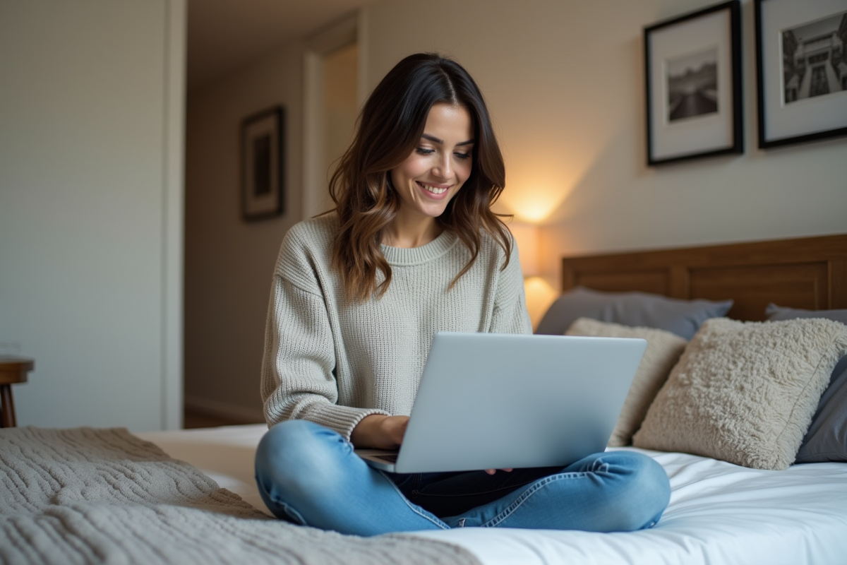 Femme souriante cherchant un logement dans un appartement moderne