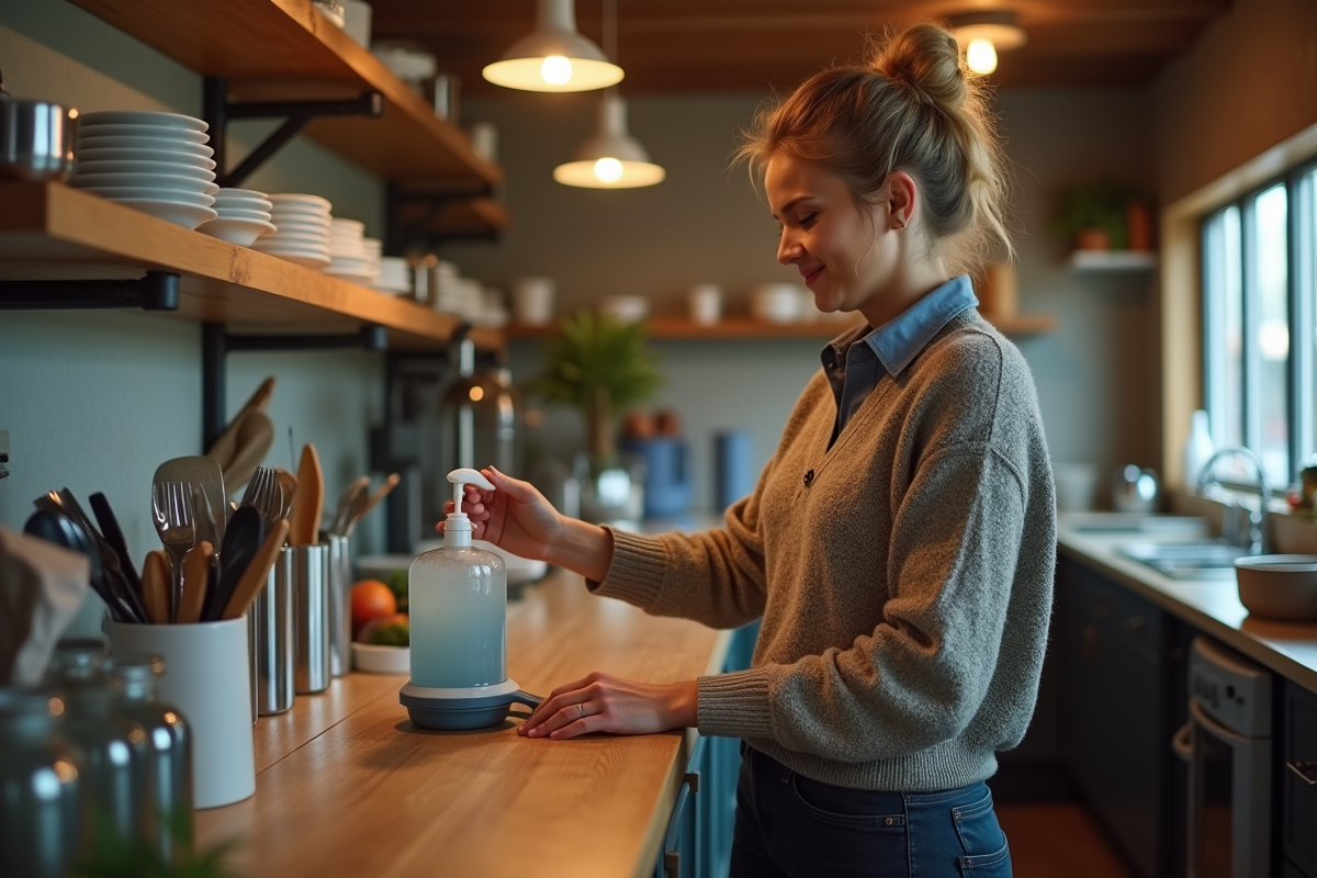 Femme souriante remplit un distributeur de savon dans une cuisine d