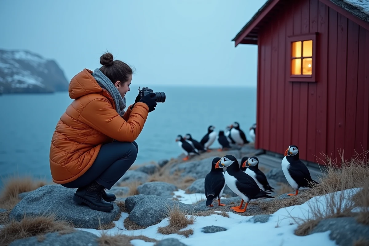 Femme photographiant des macareux sur les falaises enneigées de Moskenesøya aux îles Lofoten, avec un rorbu rouge traditionnel en arrière-plan