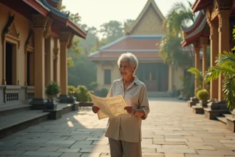 Femme senior explorant un temple thaïlandais à Chiang Mai avec une carte de voyage, voyage confortable en Thaïlande pour seniors