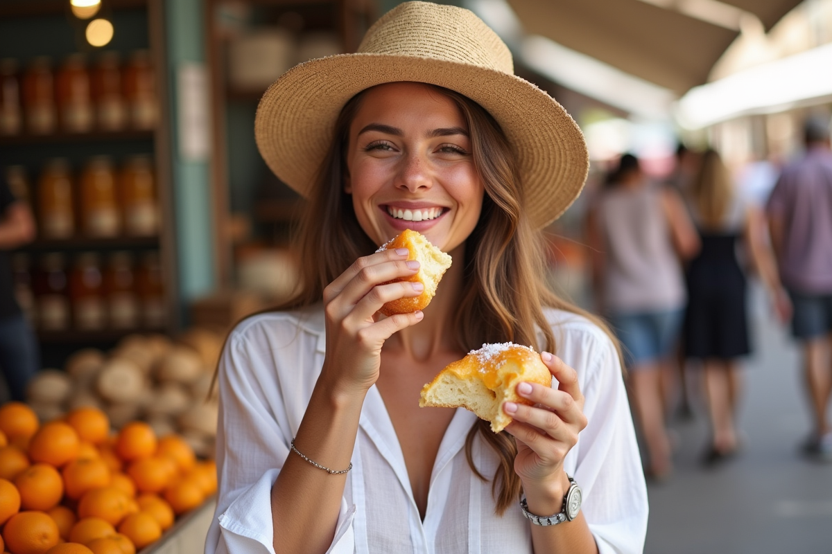 Femme souriante dégustant une bougatsa à Chania