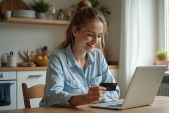 Jeune femme souriante utilisant son ordinateur et sa carte bancaire