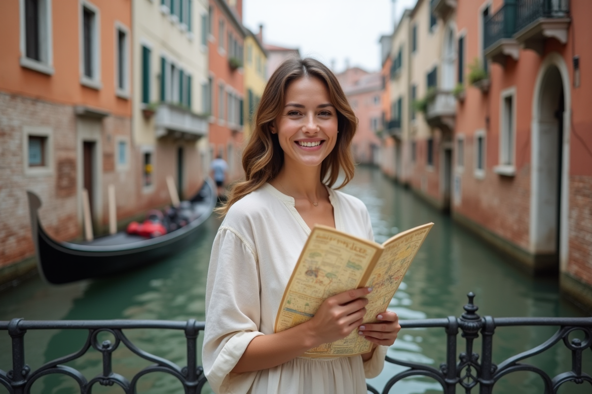Femme souriante en robe en lin au bord du canal de Venise