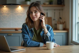 Femme au téléphone dans une cuisine moderne