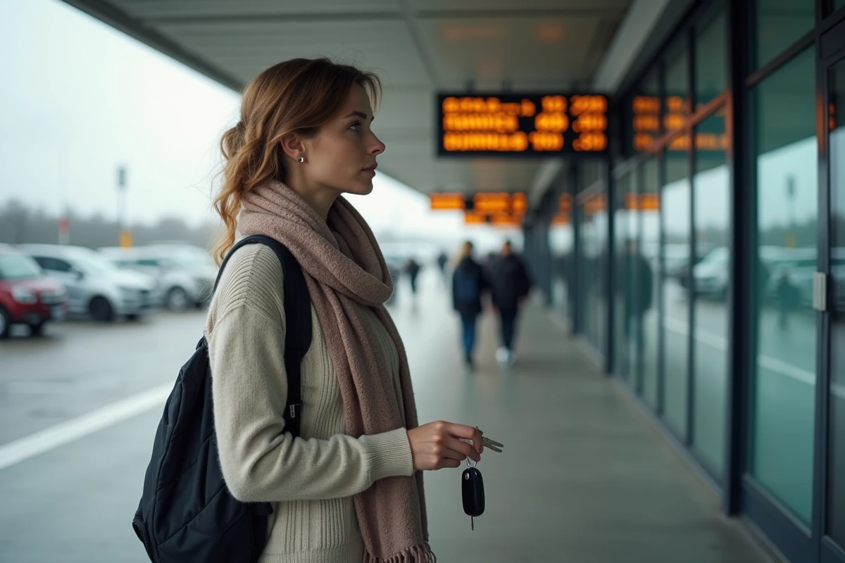 Jeune femme au terminal de ferry regardant les panneaux de prix
