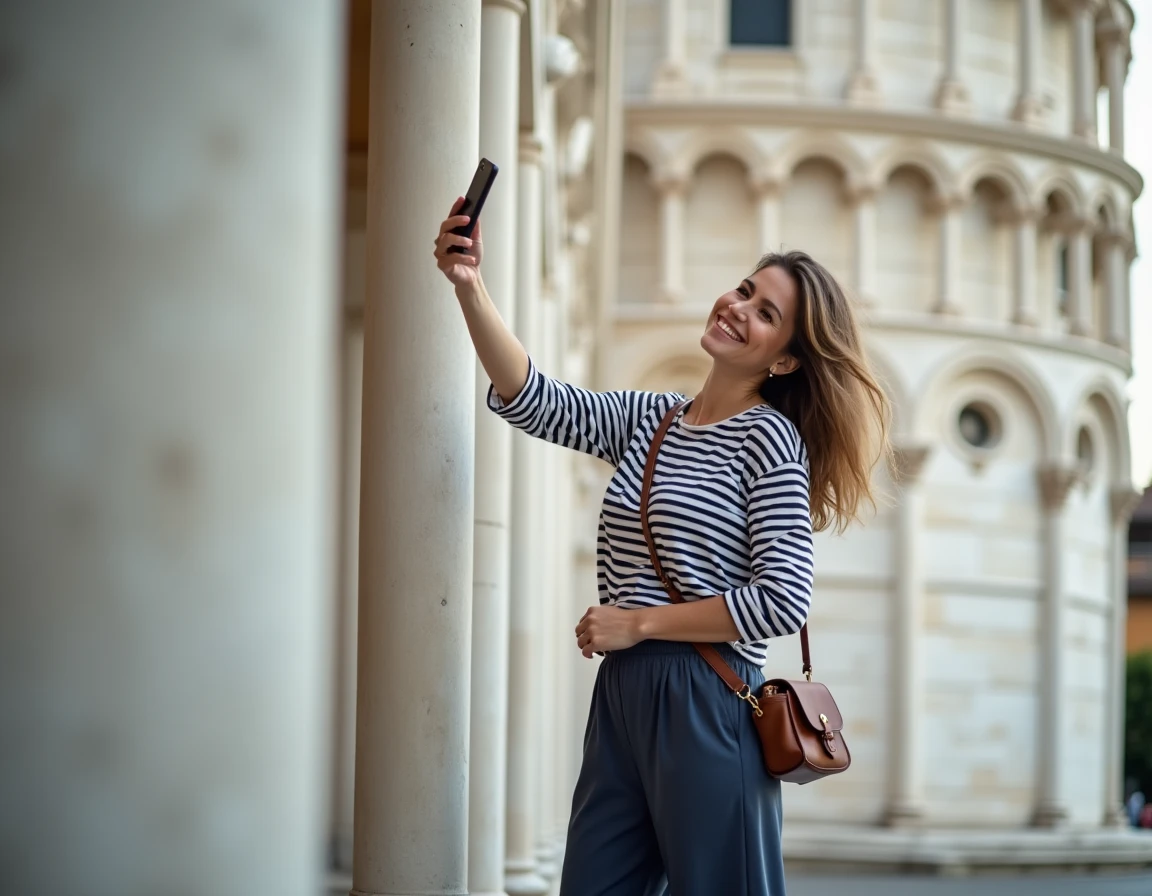 Femme touriste photographiant la Tour de Pise avec son smartphone lors d'une visite rapide