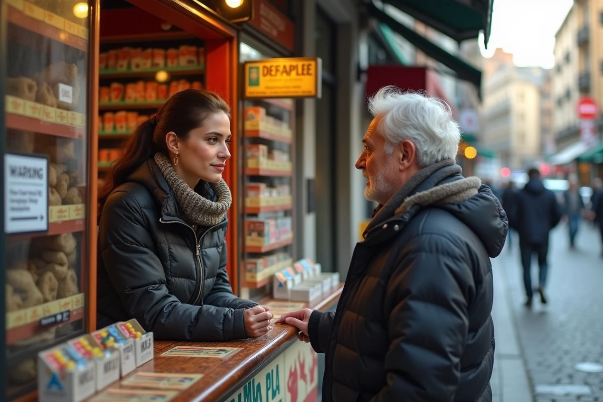 Jeune femme parle avec un vendeur de tabac en extérieur
