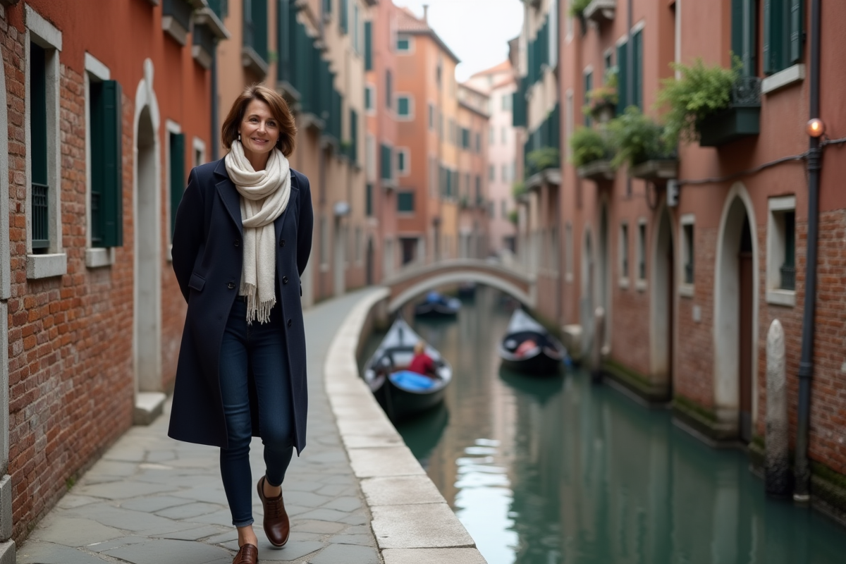 Femme marchant le long du canal de Venise avec sourire authentique