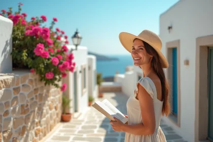 Femme souriante en robe de lin et chapeau à Tinos