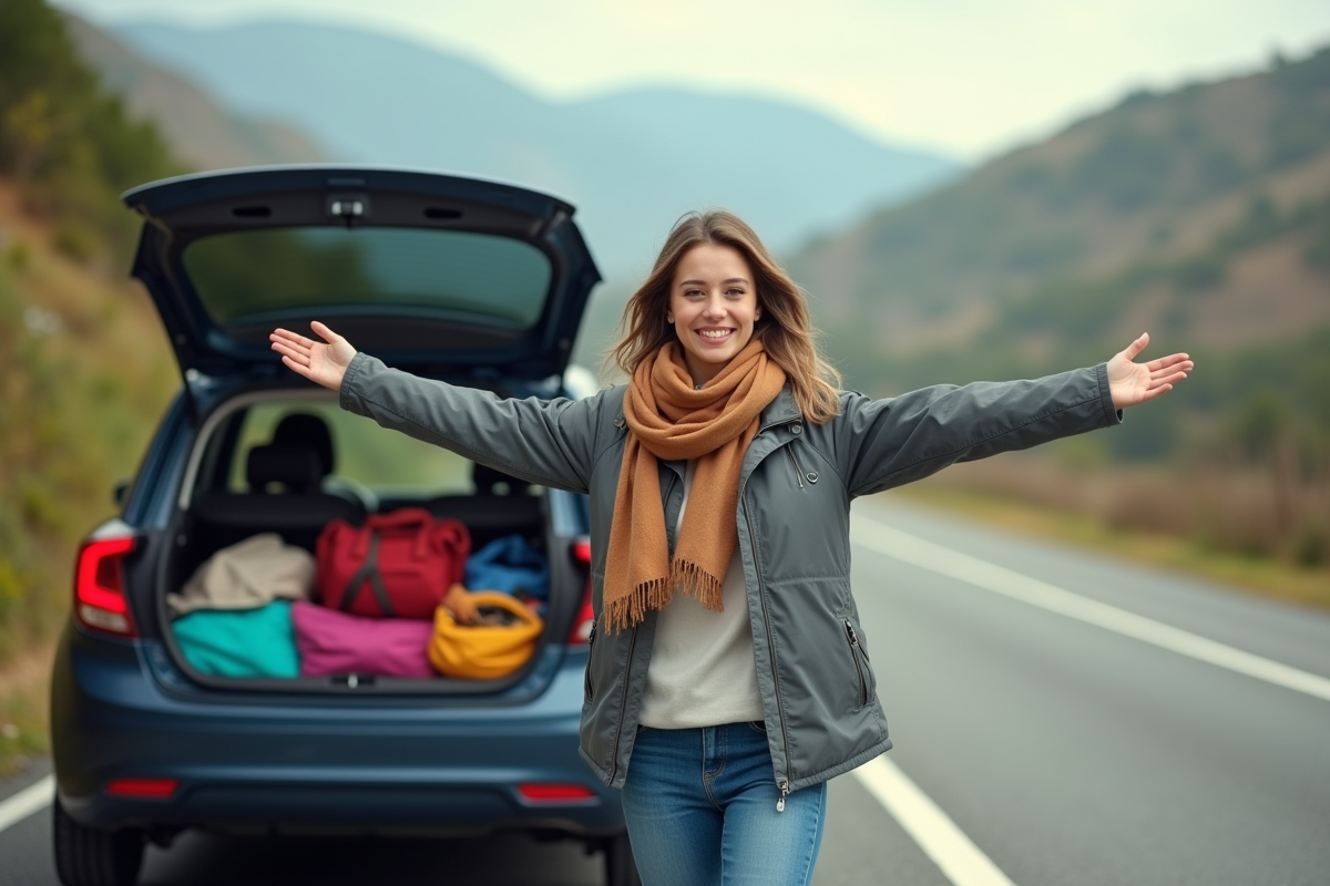 Jeune femme souriante à côté de sa voiture en pause