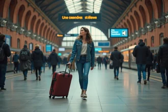 Femme en denim poussant une valise à Lille Flandres