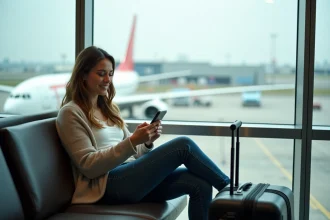 Femme souriante dans un aéroport moderne à JFK