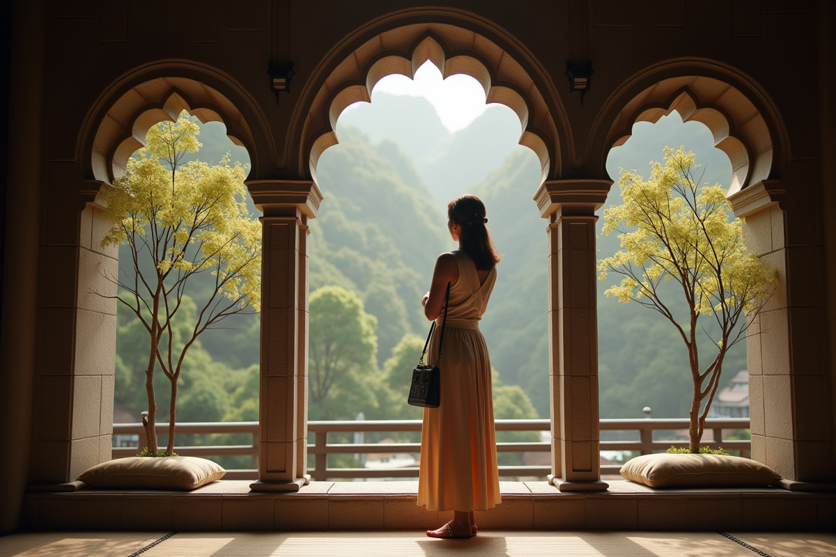 Femme en voyage regardant par une grande fenêtre ancienne