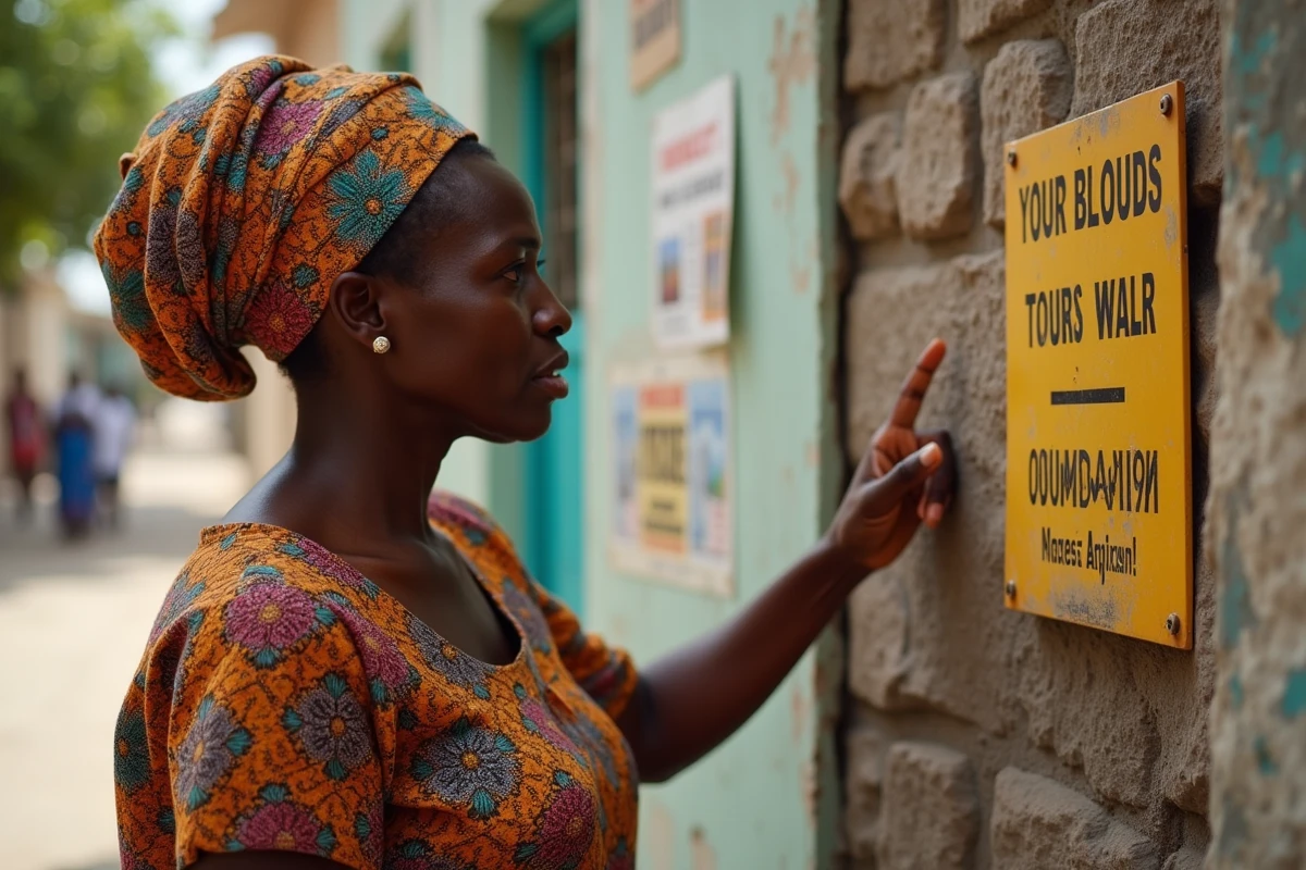 Femme zanzibarite pointant un panneau d avertissement