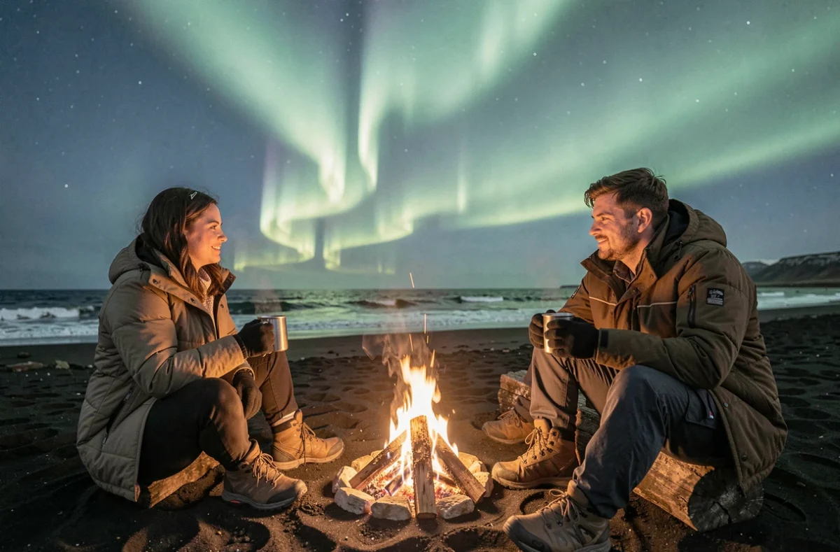 Amis autour d'un feu de camp sur une plage de sable noir en Islande sous une aurore boréale verdoyante