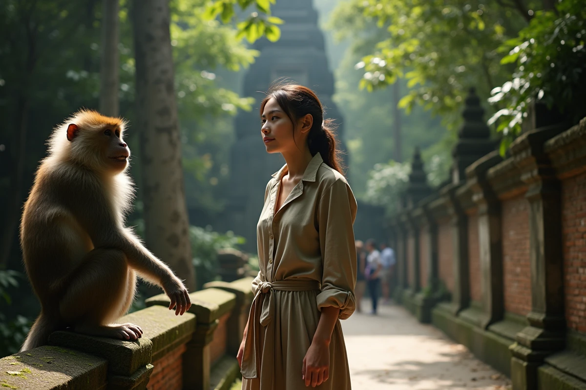 Jeune femme avec singe sur le rebord dans la foret sacrée