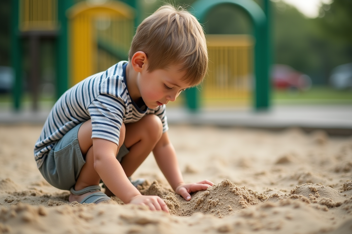 Jeune garçon traçant un chemin dans le sable du bac à sable
