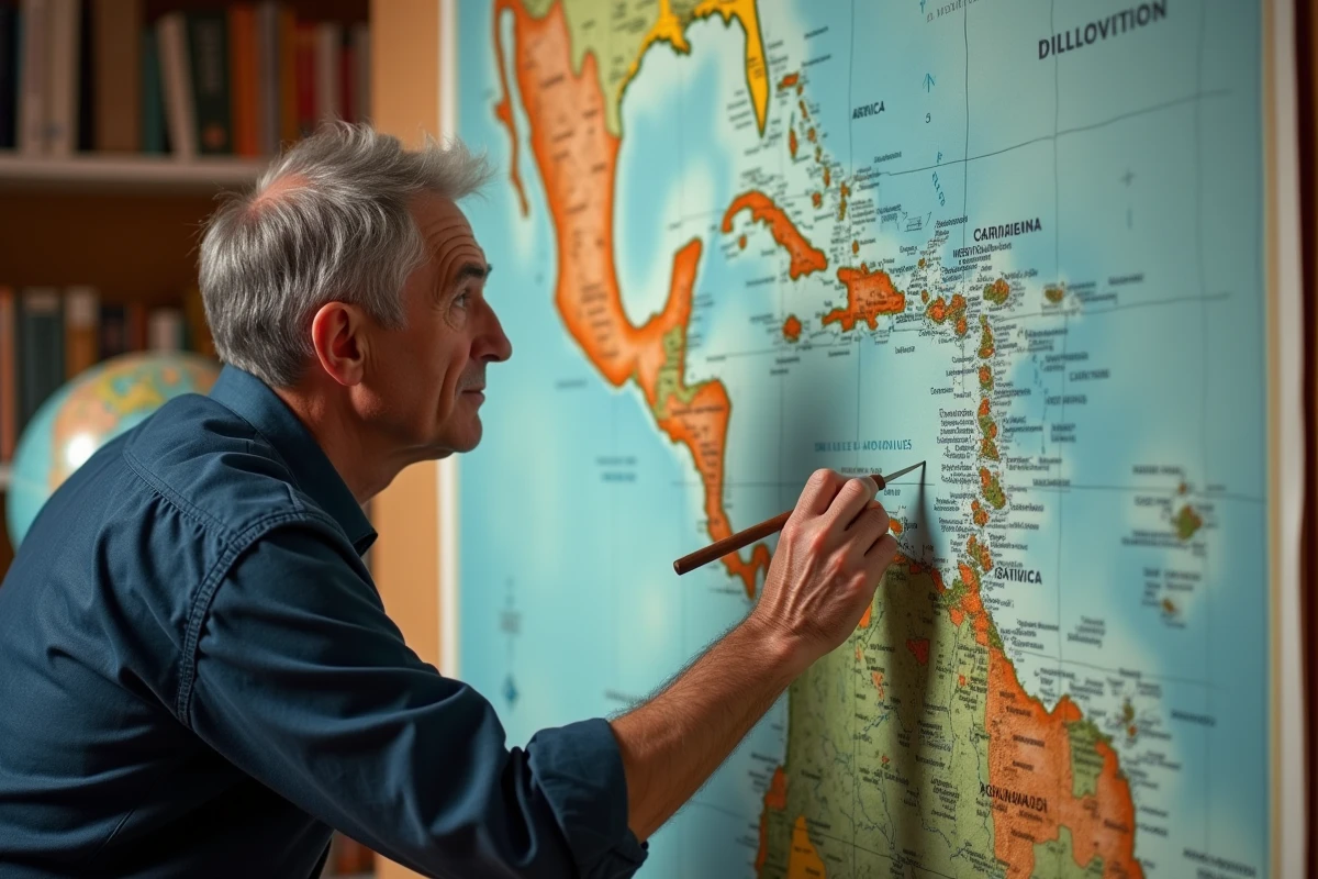Géographe pointant les îles des Caraïbes sur une carte politique murale dans un bureau universitaire