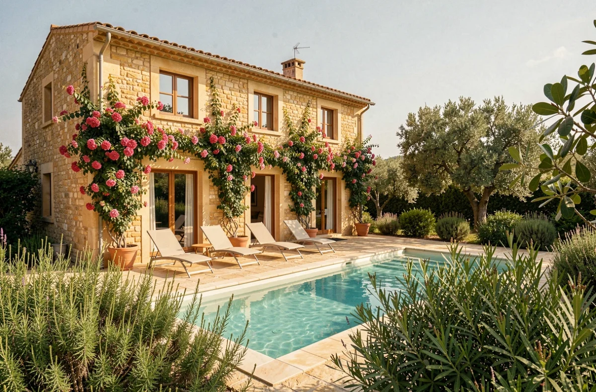 Gîte Dipladenia à Saint-Rémy-de-Provence avec piscine turquoise et façade en pierre entourée de fleurs