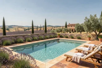 Vue panoramique d'une piscine privée entourée de lavande et de pierres en Provence-Alpes-Côte d'Azur