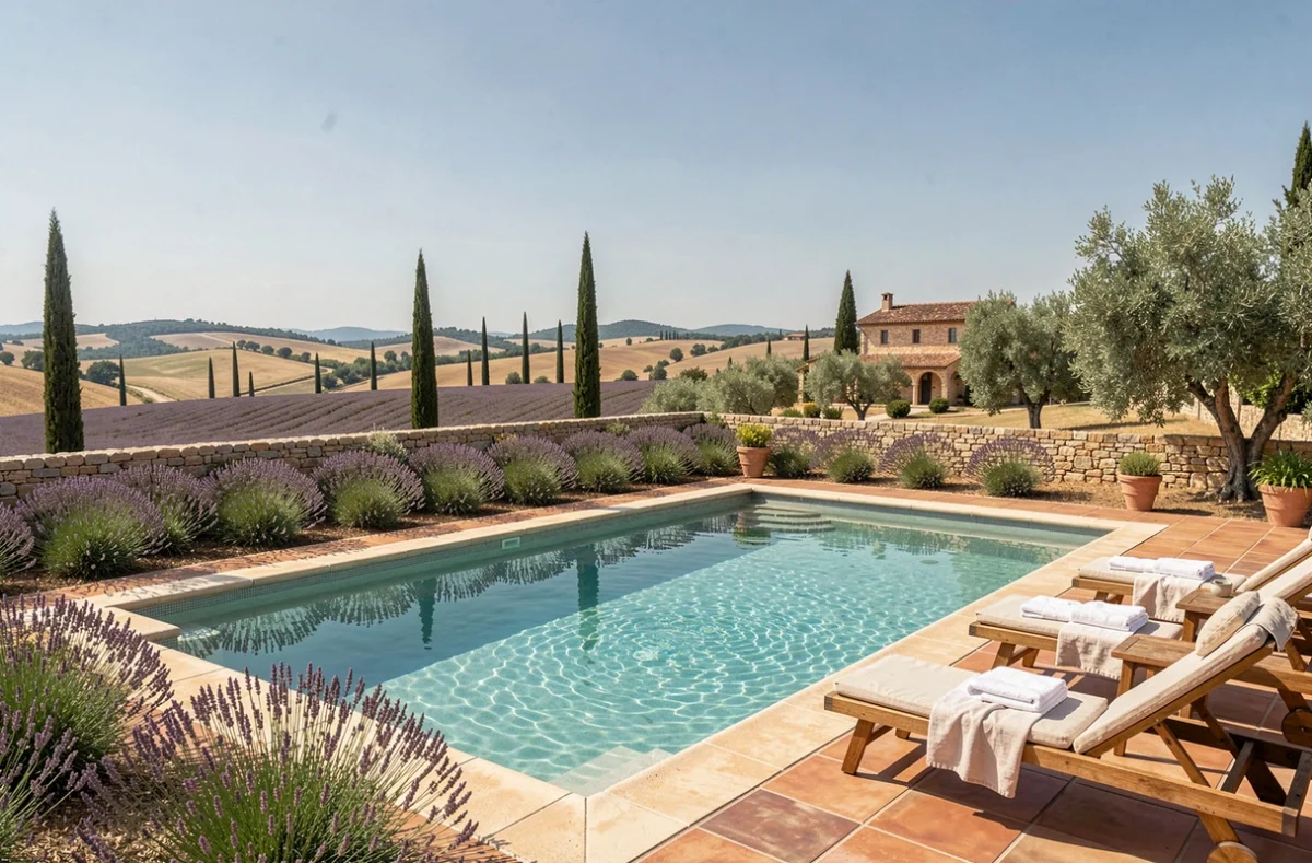 Vue panoramique d'une piscine privée entourée de lavande et de pierres en Provence-Alpes-Côte d'Azur