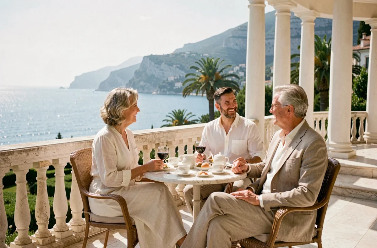 Terrasse luxueuse du Grand-Hôtel du Cap-Ferrat avec vue sur la mer et jardins méditerranéens soignés