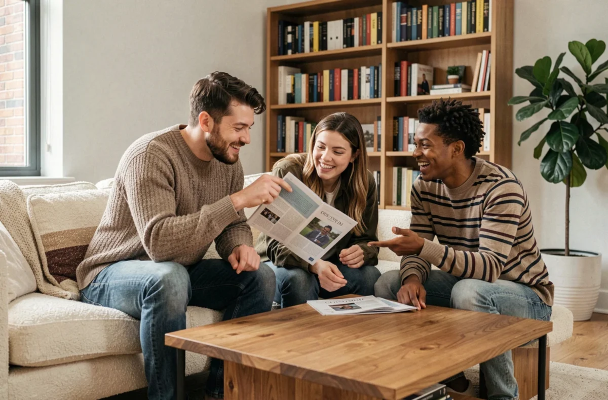 Groupe d'amis découvrant ensemble le magazine Epershand dans un salon contemporain, représentant la communauté de lecteurs