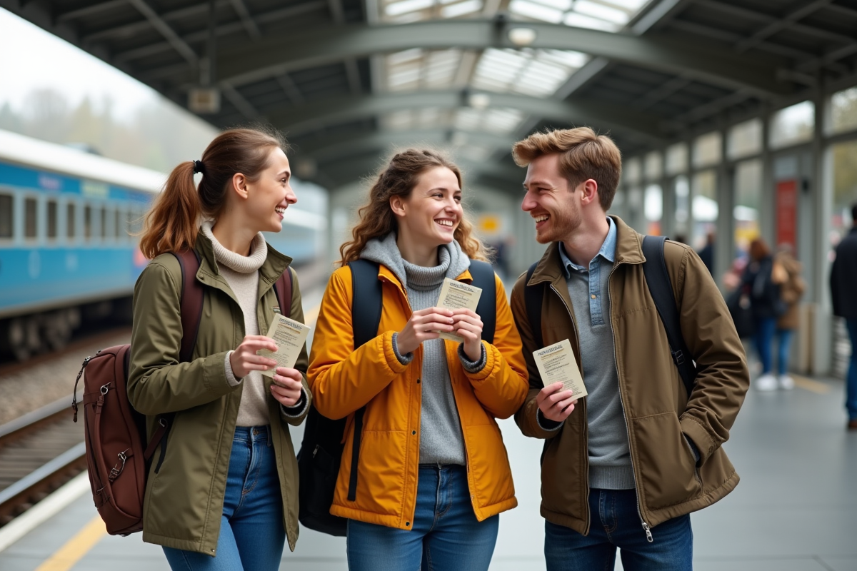Trois amis avec pass Interrail à la gare en plein air