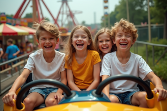 Groupe d'enfants rieurs sur une montagne russe en été