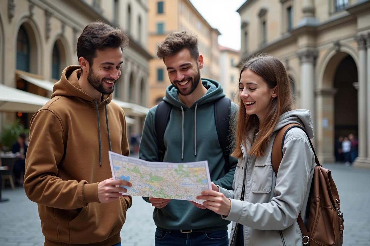 Groupe d'étudiants internationaux explorant une ville européenne ensemble pendant un séjour d'immersion linguistique à l'étranger