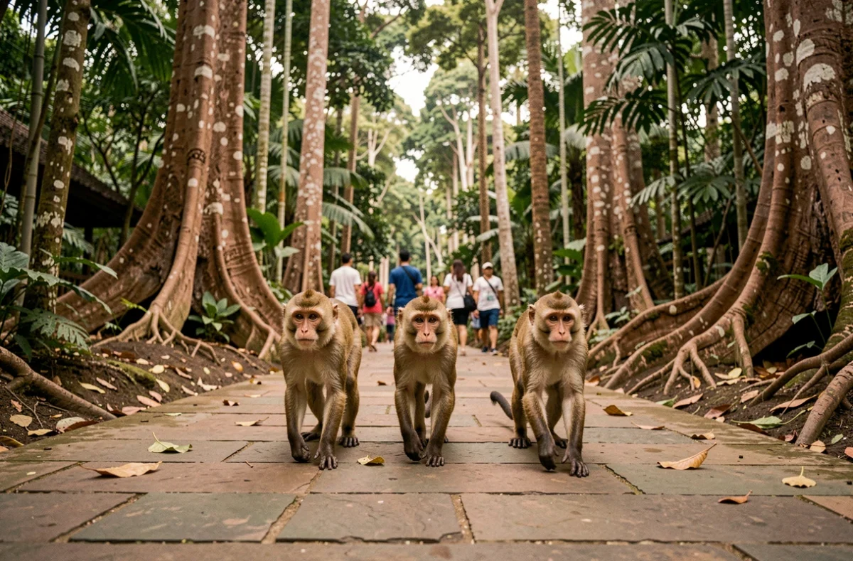 Groupe de macaques se déplaçant librement sur un chemin pavé de la Monkey Forest à Ubud, avec des touristes respectueux en arrière-plan flou