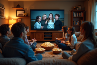 Groupe divers regardant un film classique dans un salon chaleureux