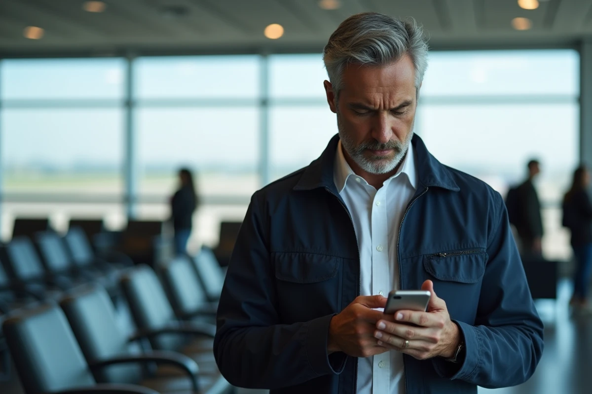 Homme dans un aéroport lisant des avis sur son smartphone