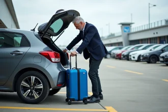 Homme d'affaires verrouillant sa valise dans le coffre d'une voiture à Toulouse