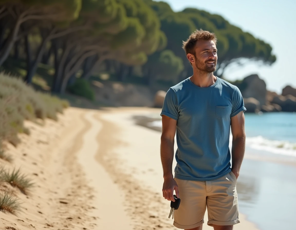 Homme en short arrivant sur une plage isolée de Corse après un trajet en voiture, tenant ses clés face à la mer