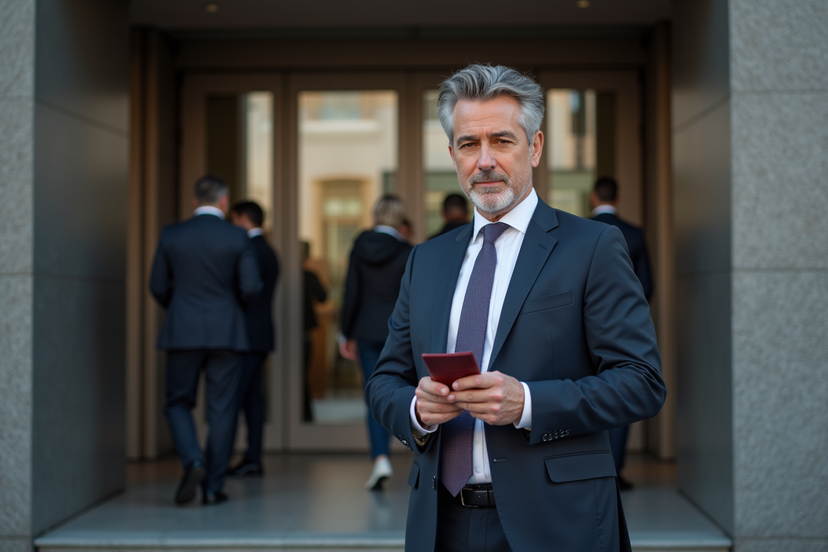 Homme en costume attendant devant un bâtiment officiel