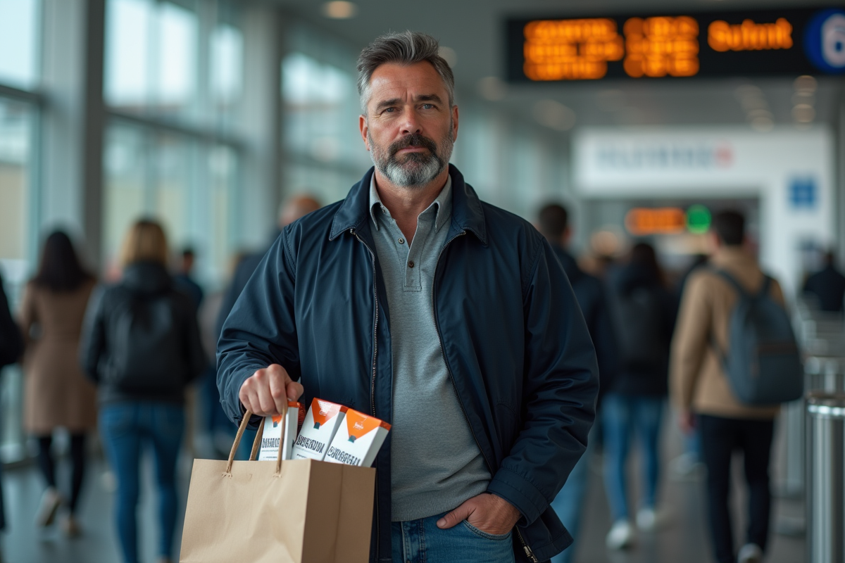 Homme avec sacs de cigarettes au poste frontière