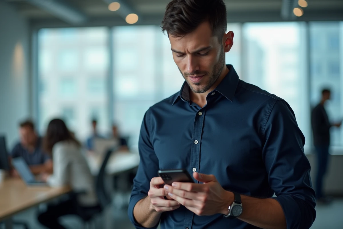 Homme en bureau bloquant un numéro suspect via les paramètres de son smartphone avec le préfixe 39