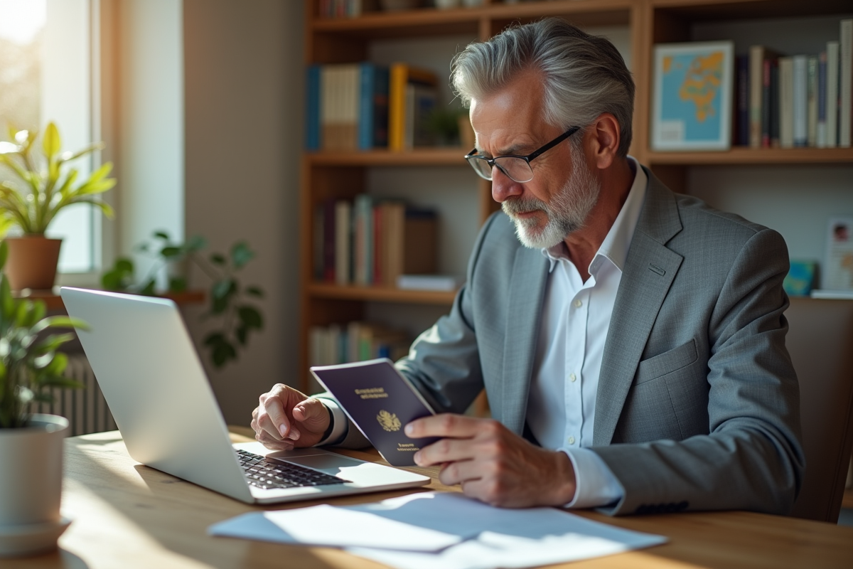 Homme vérifiant son passeport dans un bureau lumineux