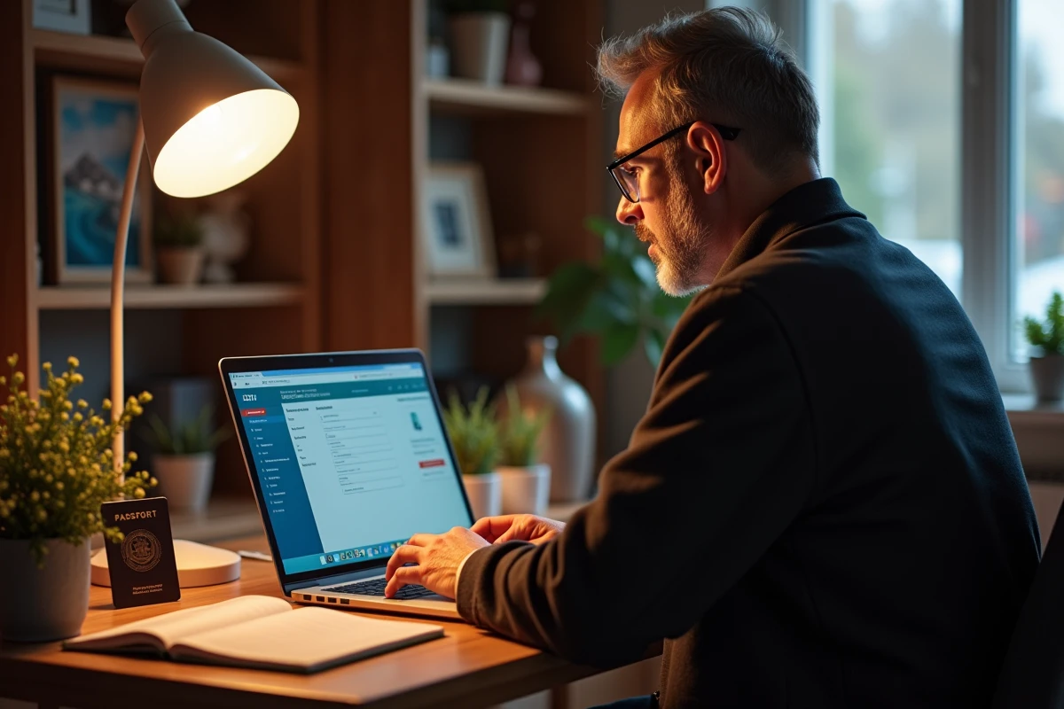 Homme d'âge moyen utilisant un ordinateur portable pour réserver un voyage