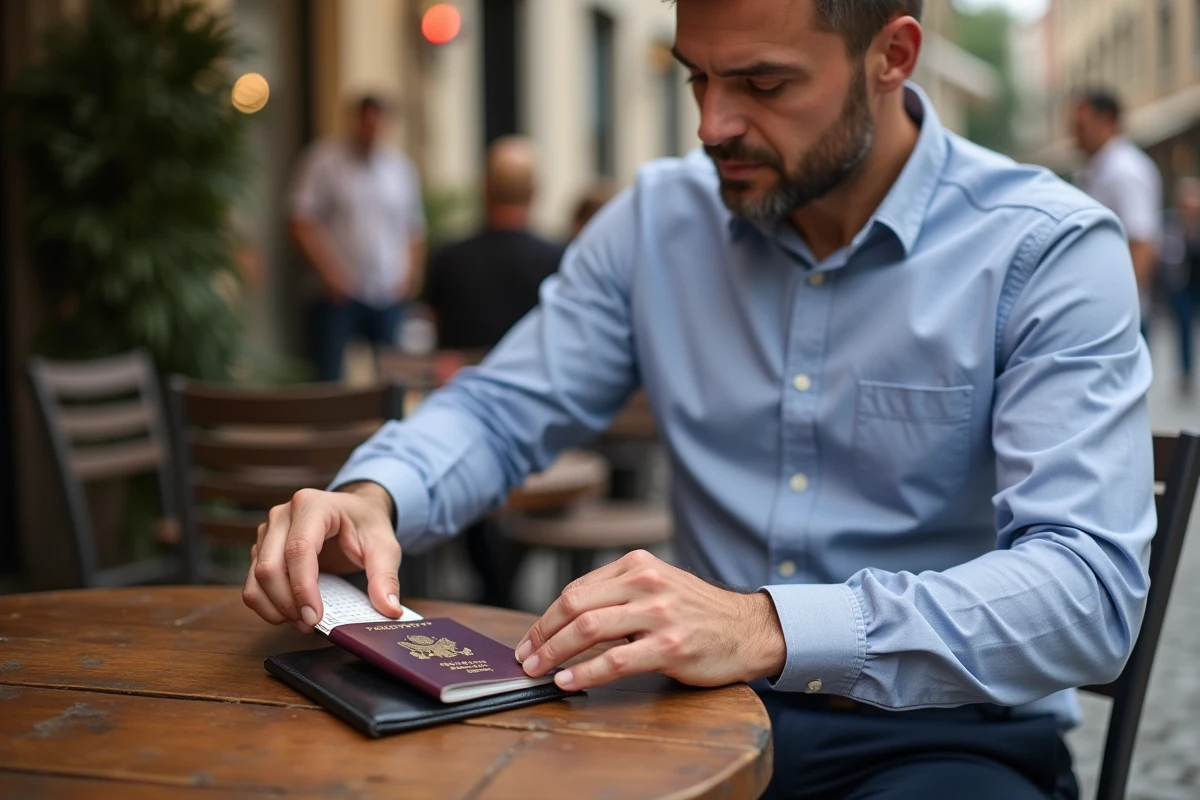 Homme discret glissant son passeport dans un portefeuille au café