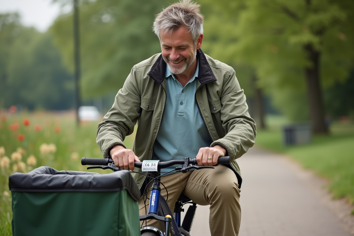 Homme néerlandais attachant permis sur son vélo cargo