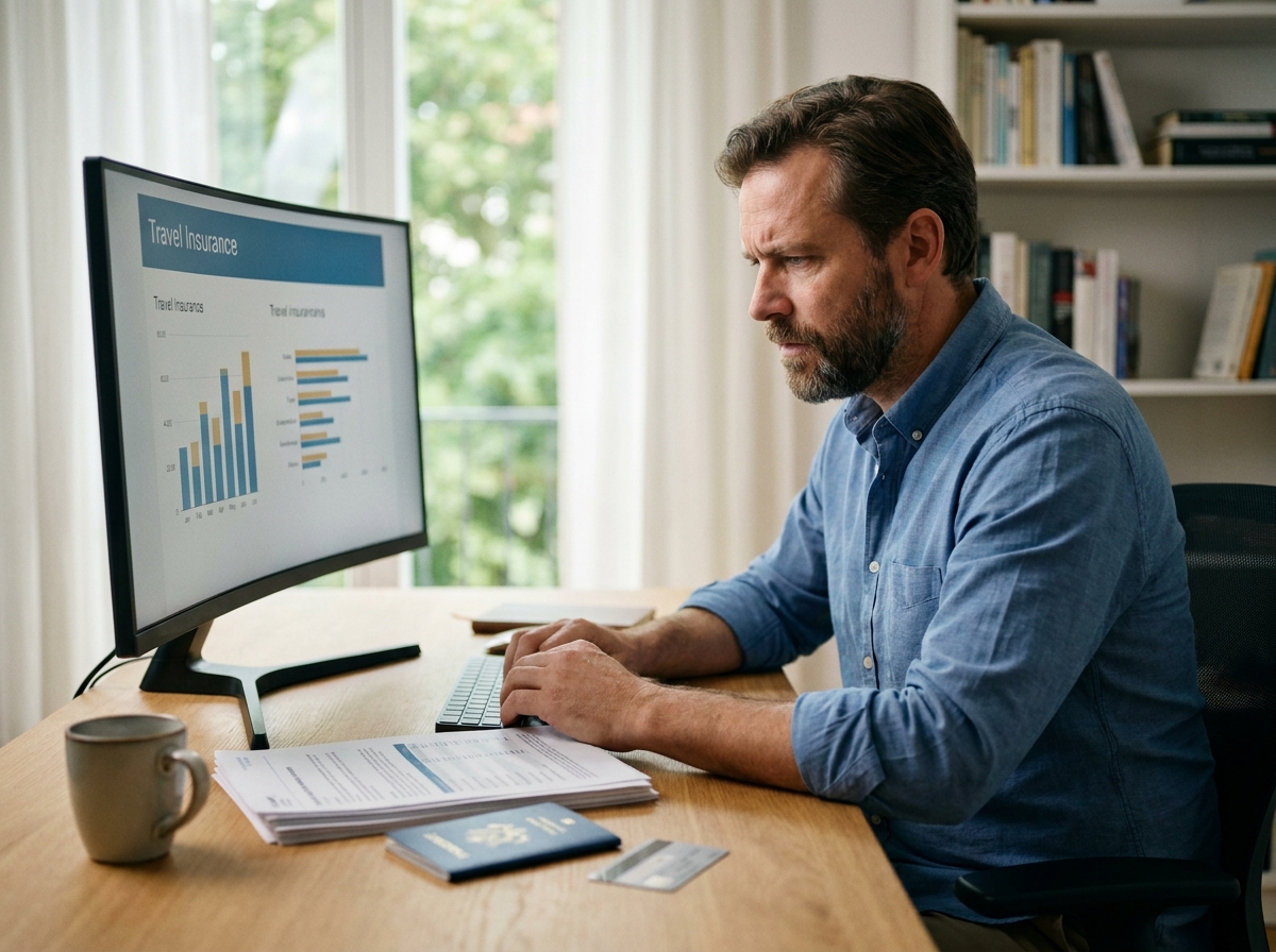 Homme comparant des offres d'assurance voyage sur ordinateur depuis son bureau à domicile avant un séjour à l'étranger