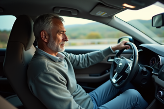Homme d'âge moyen dans une voiture moderne en voyage