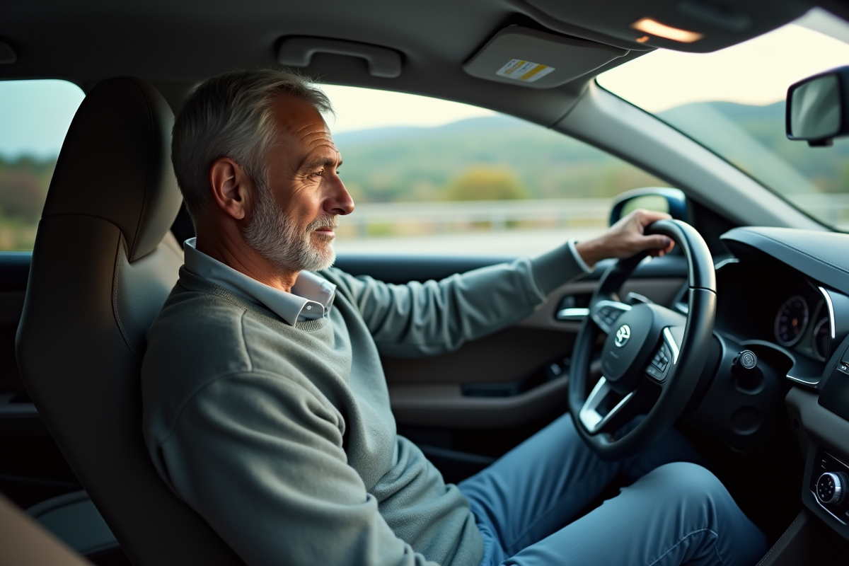 Homme d'âge moyen dans une voiture moderne en voyage