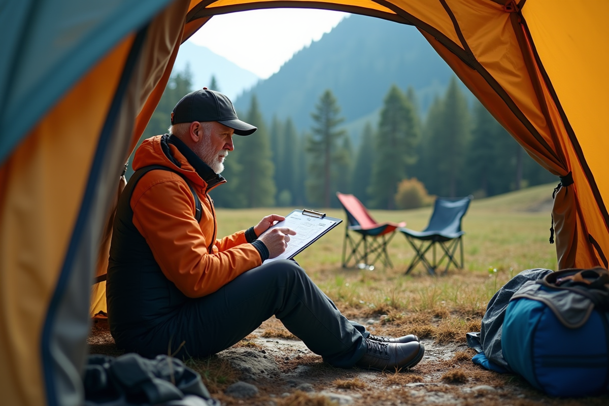 Homme vérifiant sa liste de camping devant sa tente en montagne